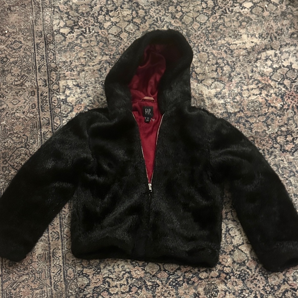GAP Black Faux Fur Kids Jacket with Red Lining, size 12